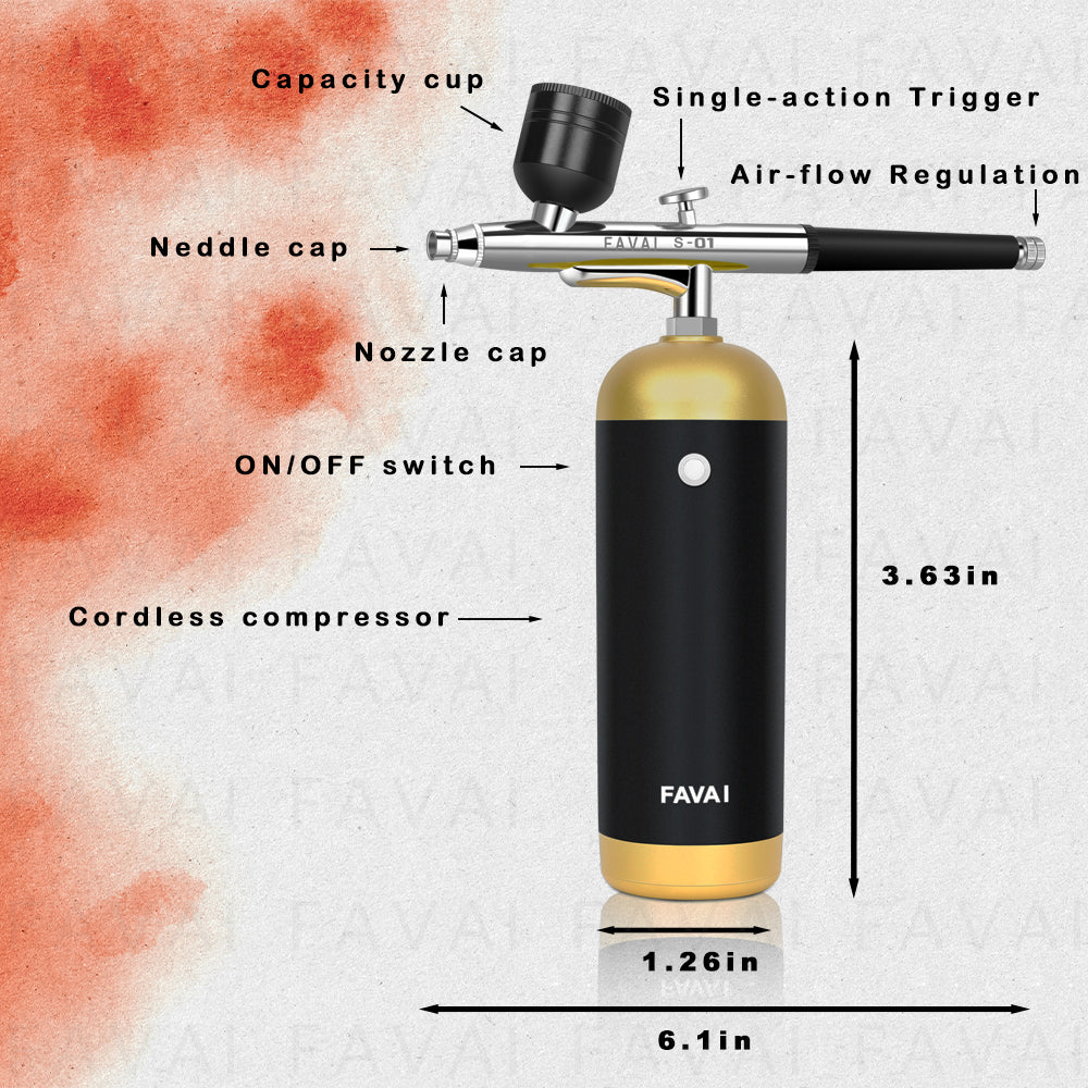 Favai Portable Cordless Airbrush Kit with Air Compressor  27PSI Gravity Feed Rechargeable Wireless For Makeup Barber Nail Art Tattoo Cake Model Coloring